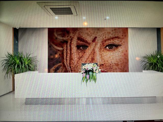 Large pop-art portrait installed on a reception feature wall in a commercial office interior